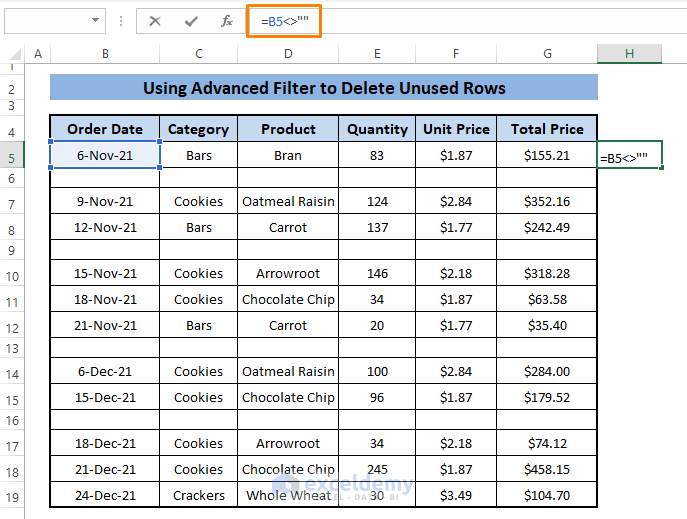 Advanced filter-Delete Unused Rows in Excel