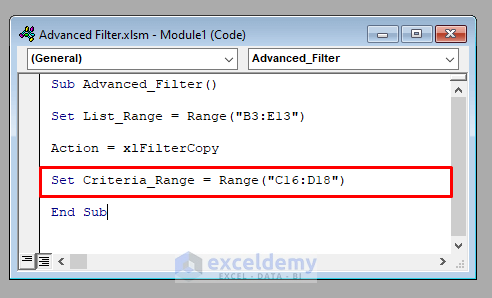 VBA Code to Use Advanced Filter in Excel