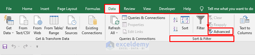 Advanced Filter in Excel Toolbar