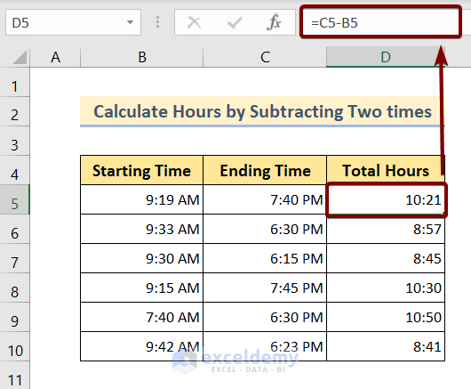 Calculate Hours Simply by Subtracting Two times in Excel