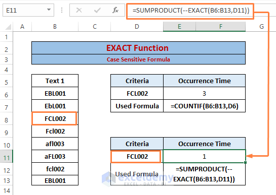 SUMPRODUCT and EXACT function-Excel EXACT function