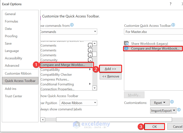 Compare And Merge Workbooks Command in Quick Access Toolbar