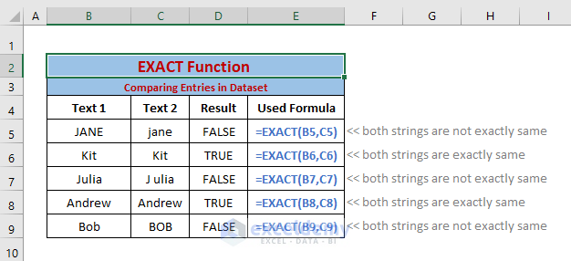 comparing entries result-Excel EXACT function