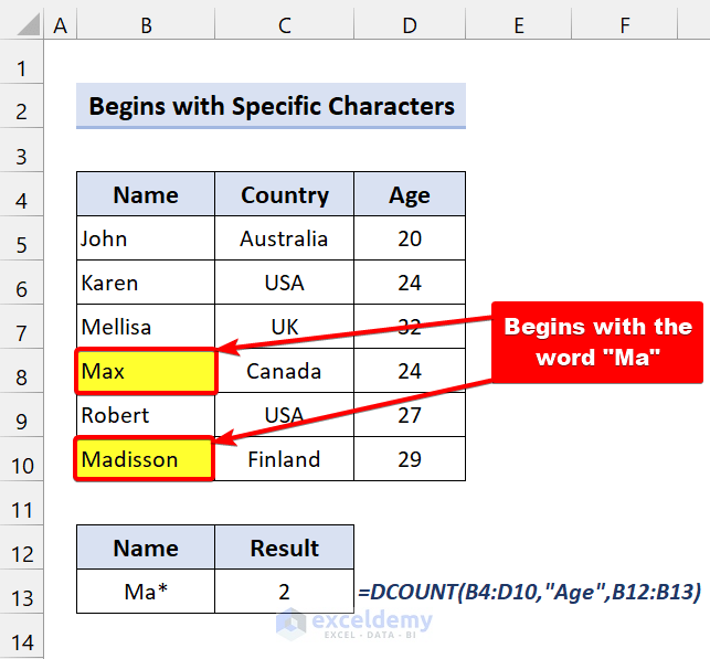Dcount to Find the Number of Values that Begins with Particular Characters in Excel
