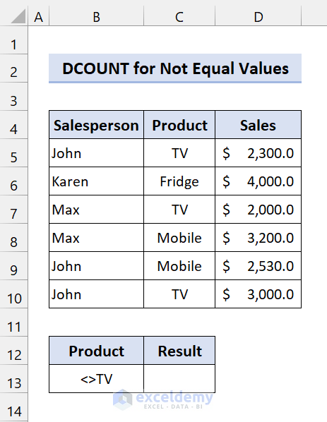 Use DCOUNT Function for Not Equal Values in Excel