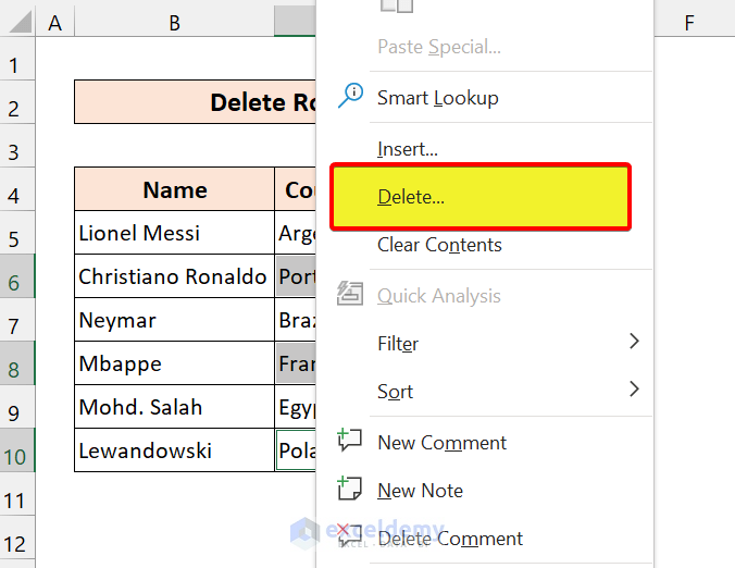 Delete Rows in MS Excel with the PC Mouse