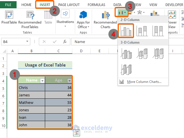 Insert column chart to create Dynamic Chart Range in Excel
