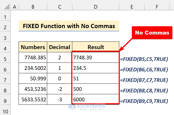 Fixed Function in Excel with ‘no_commas’ is TRUE or FALSE