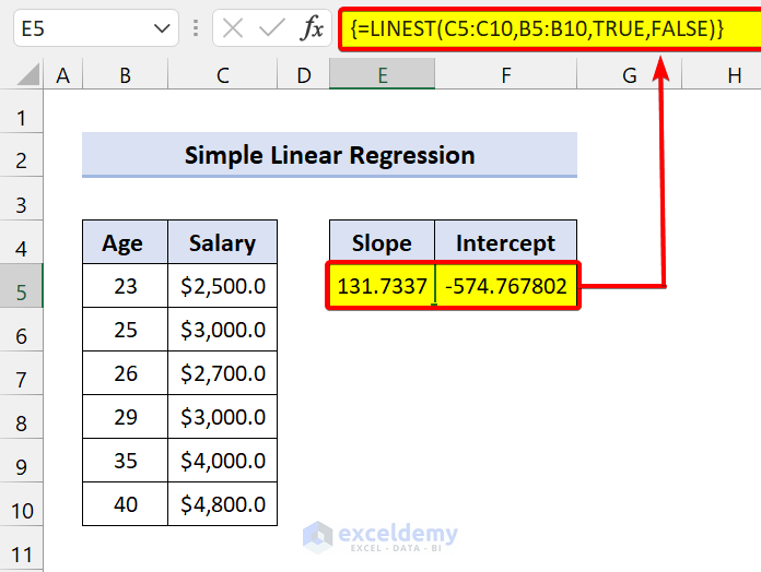 Simple Linear Regression Using the LINEST Function