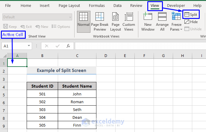 Split Screen Option in Excel