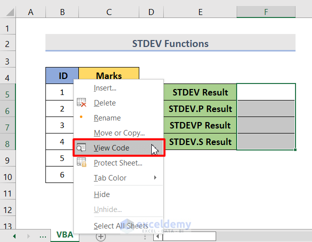 STDEV Function Example in VBA in excel