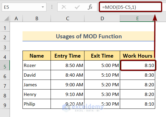Excel Timesheet Formula: Using MOD Function
