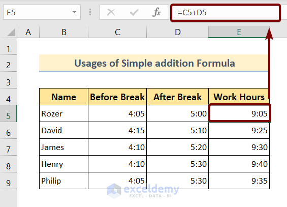 Excel Timesheet Formula: Using Simple Addition Formula