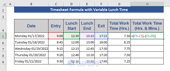 Timesheet with Variable Lunch Break in Excel
