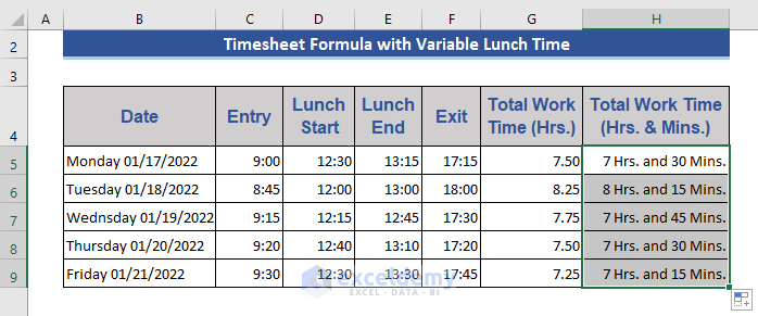 Timesheet with Variable Lunch Break in Excel