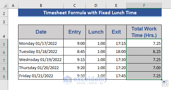 Excel Timesheet Formula with Fixed Lunch Time