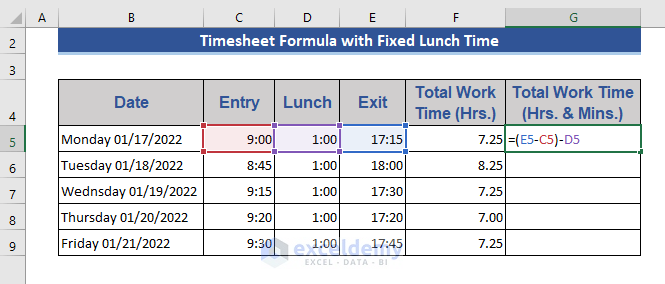 Excel Timesheet Formula with Fixed Lunch Time