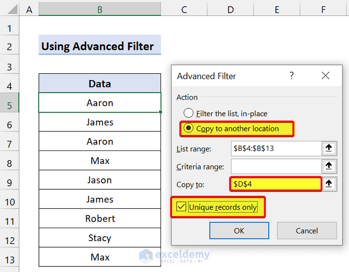 Using Advanced Filter for Unique Values in Excel