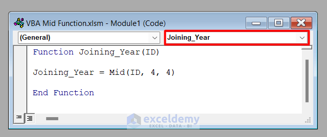 VBA Code to Use the Mid Function of VBA in Excel