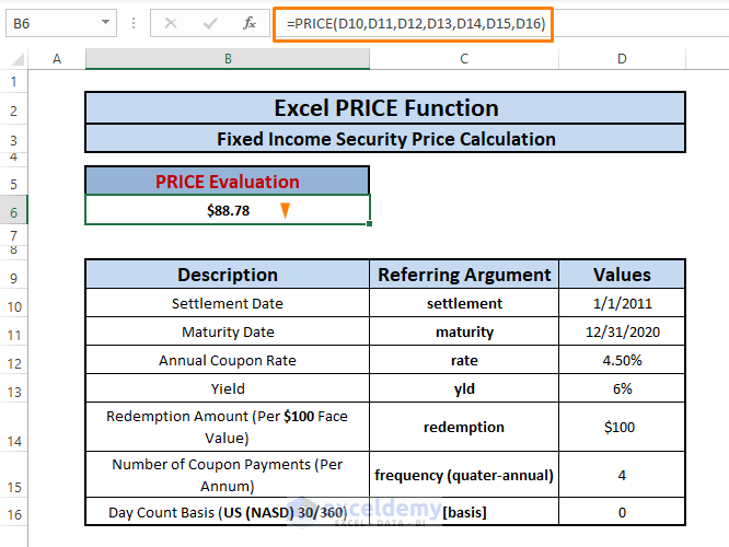 fixed-income security result-Excel PRICE Function