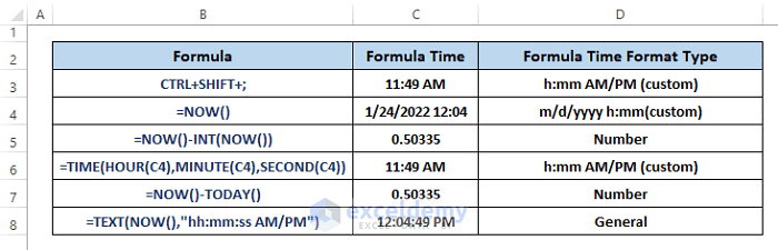 Cell Format-Excel Current Time Formula
