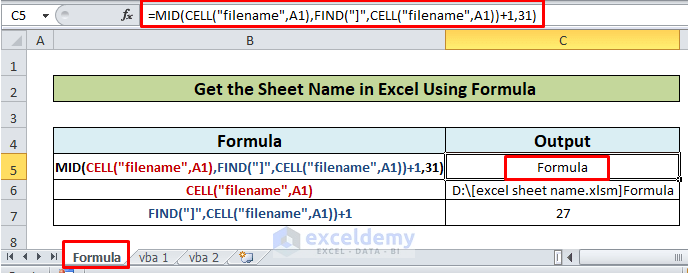 get excel sheet name using formula