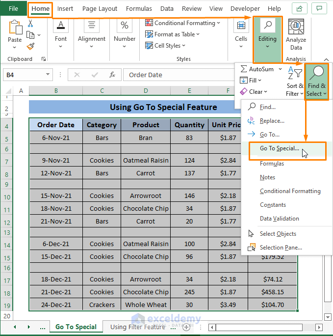 Go to special-Delete Unused Rows in Excel