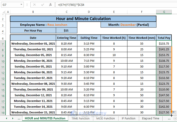 Final result-How to Calculate Hours and Minutes for Payroll in Excel