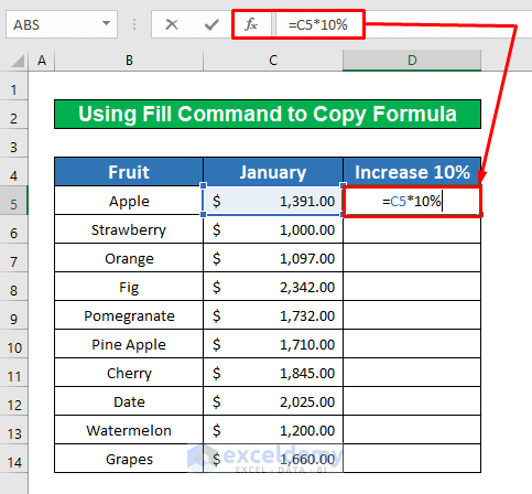 Use of the Fill Command to Copy Formula to Entire Column