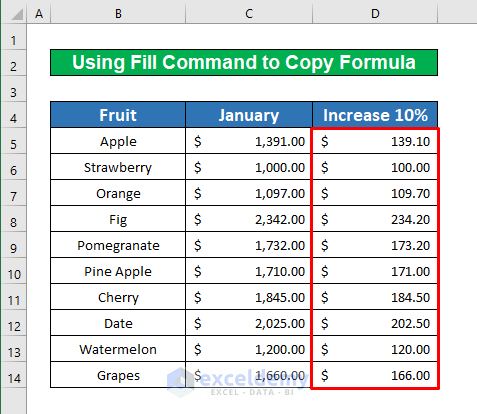 Use of the Fill Command to Copy Formula to Entire Column