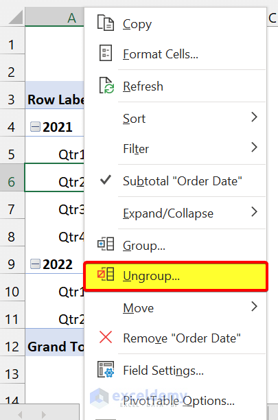 Ungroup Dates in Pivot Table