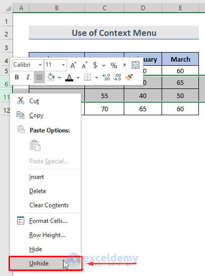 Show Hidden Rows Using Context Menu in Excel