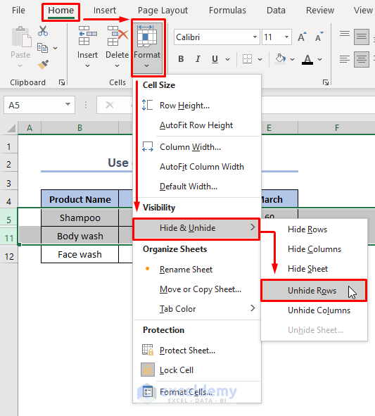 Excel Unhide Rows with Format Feature