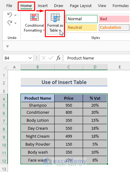 Insert Excel Table to Lock Top Row