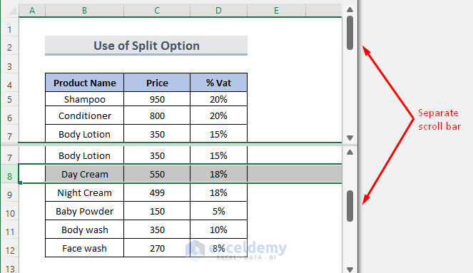 Lock Rows Using Split Option in Excel