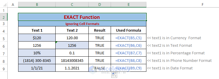 ignoring cell format final result-Excel EXACT function