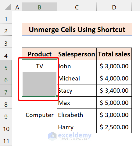 Excel Shortcut to Effectively Undo the Merge Cells Commands