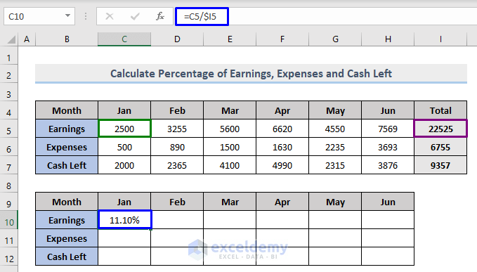 Measure the Percentage of Earnings, Expenses and Cash Left with Mixed Cell Reference