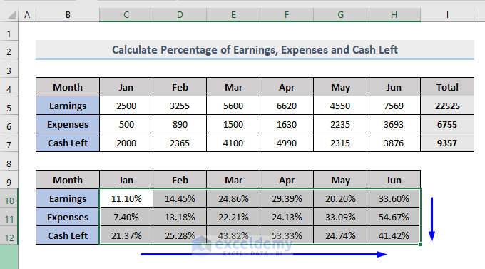 Result of Measure the Percentage of Earnings, Expenses and Cash Left with Mixed Cell Reference