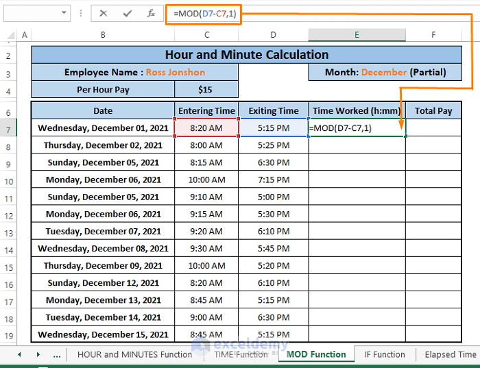 mod function-How to Calculate Hours and Minutes for Payroll in Excel