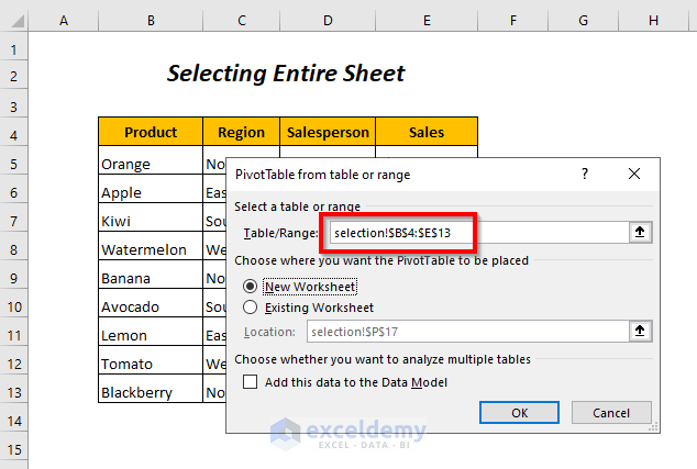 selecting entire sheet