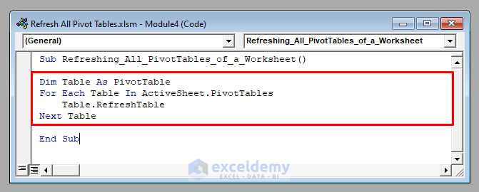 VBA Code to Refresh All Pivot Tables with VBA in Excel