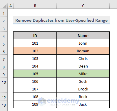 Result of VBA Macro to Remove Duplicates from User-Specified Range in Excel