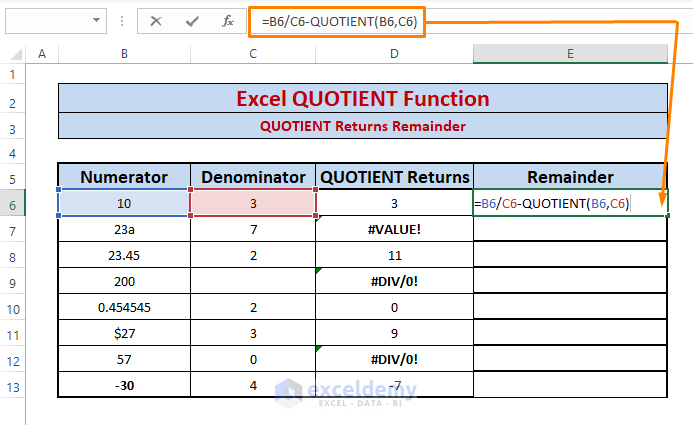 Returns remainder-Excel QUOTIENT Function
