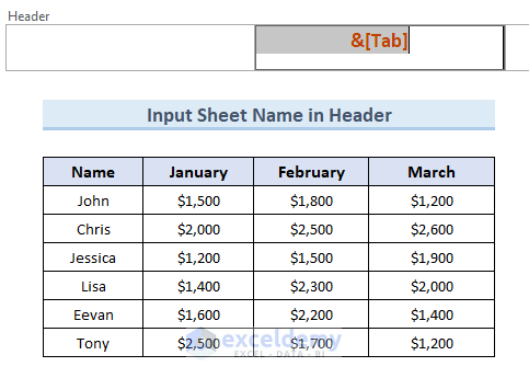 Insert Excel Sheet Name Code in Header and Footer