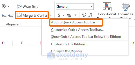 Add Merge & Center to the Quick Access Toolbar for shortcut way