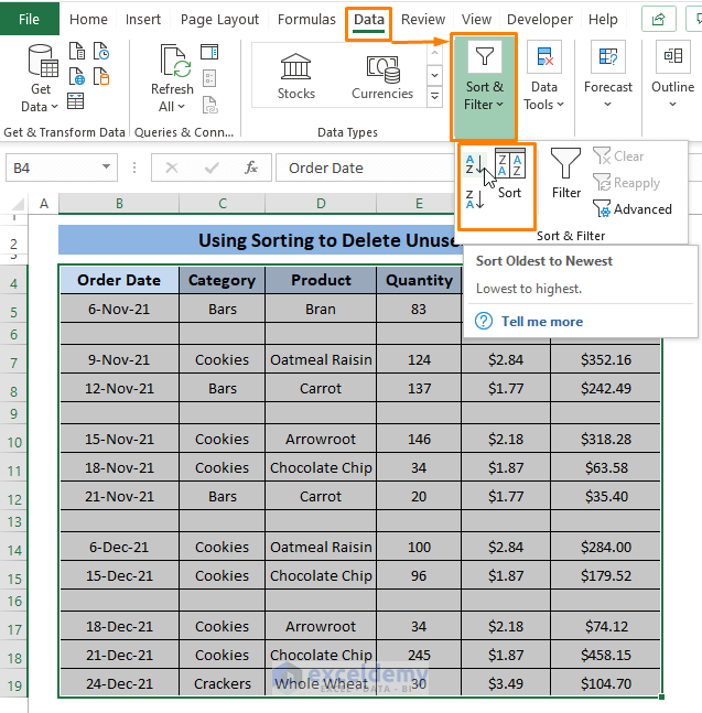 Sorting-Delete Unused Rows in Excel