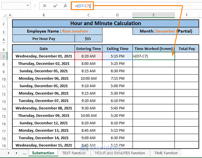subtraction-How to Calculate Hours and Minutes for Payroll in Excel