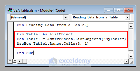 VBA Code to Read Data from an Excel Table with VBA