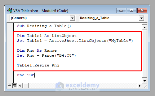 VBA Code to Resize an Excel Table with VBA